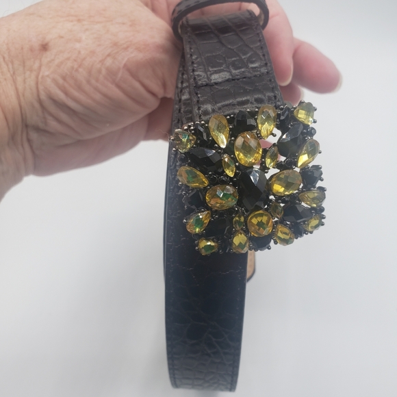 Talbots Genuine Embossed Leather Belt Black Medium 40" Gold Rhinestone Buckle - Picture 1 of 6